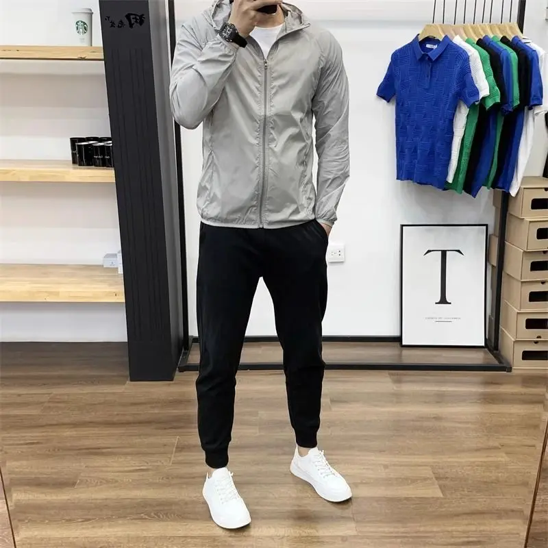 Мужская Летняя дышащая куртка ветровка с капюшоном Солнцезащитная одежда