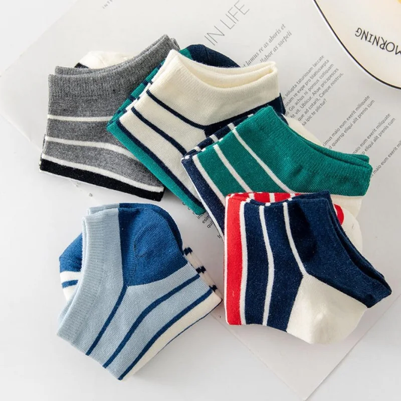 5 Pairs Summer Men Invisible Socks Casual Striped Sports Street Preppy Style Couples Socks Breathable Sports Short Boat Socks