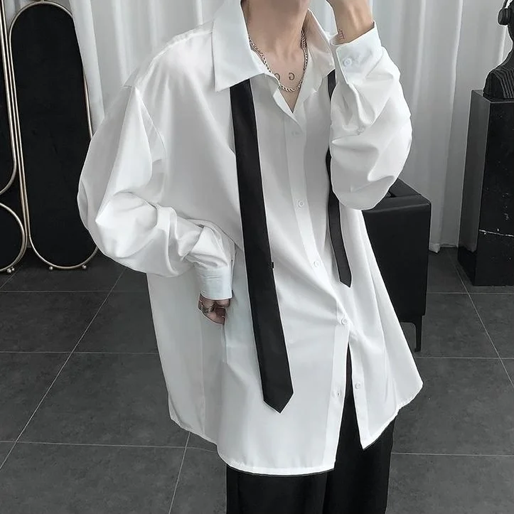 

Men Shirts Long Sleeve Turn-down Collar White Loose Korean Style School Students Mens Preppy-style Trendy Casual Formal B417