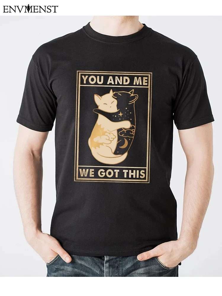 

Funny Retro Black Hugging Cat T-Shirt Men Clothing Kawaii You And Me Cat T-Shirt Retro Oversized Men Streetwear Cotton Mens Top