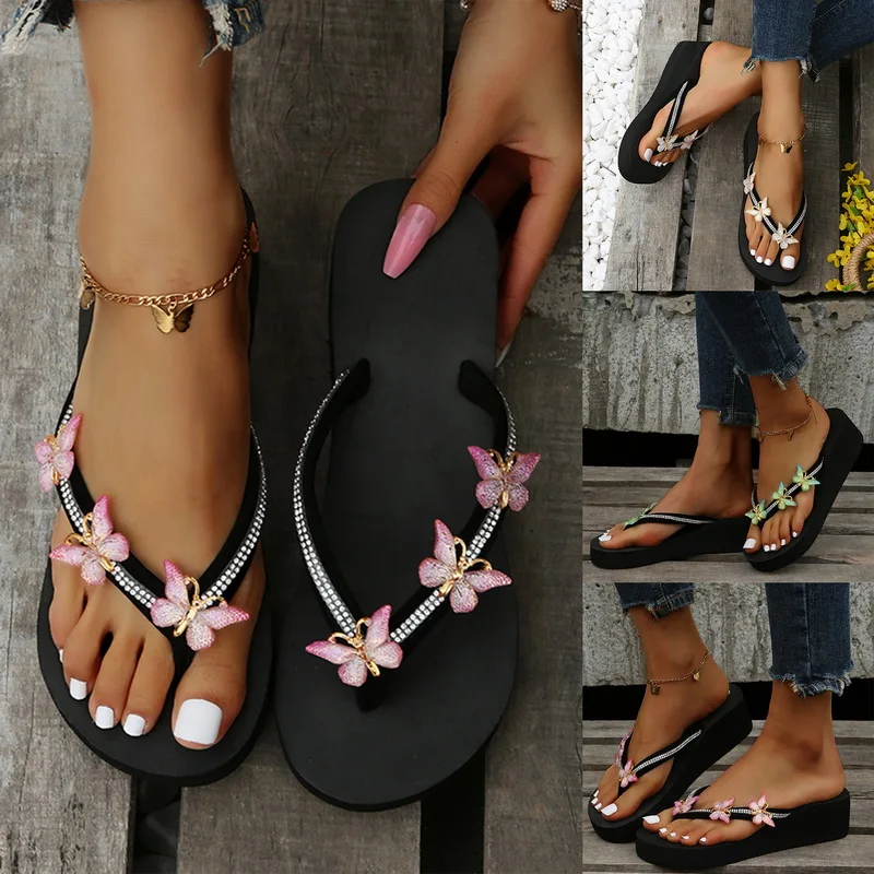 Butterfly Beach Slippers Women Platform Wedges Sandals High Heels Flip Flops Summer 2023 Women Shoes Beach Solid Slides
