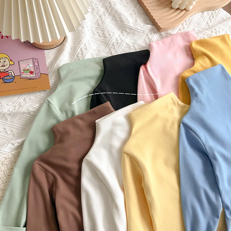

T-Shirts Autumn Winter New Undershirt Girls Baby Plush Inner Layering Thick Long Sleeved Childrens Clothing Cotton Soild