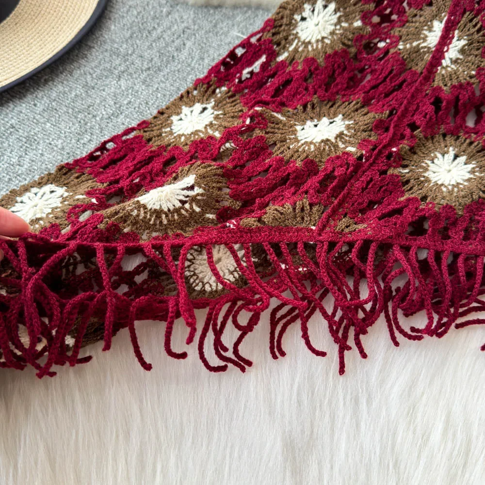 Винтажный элегантный вязаный Топ с круглым вырезом цветочным узором и вырезами