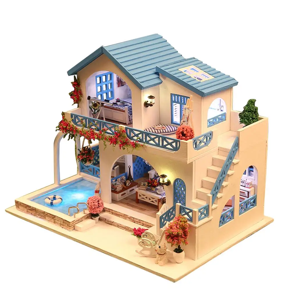 

Diy Dollhouse Miniature Kit Blue And White Town Handmade Villa Model Ornaments For Office Home Decoration