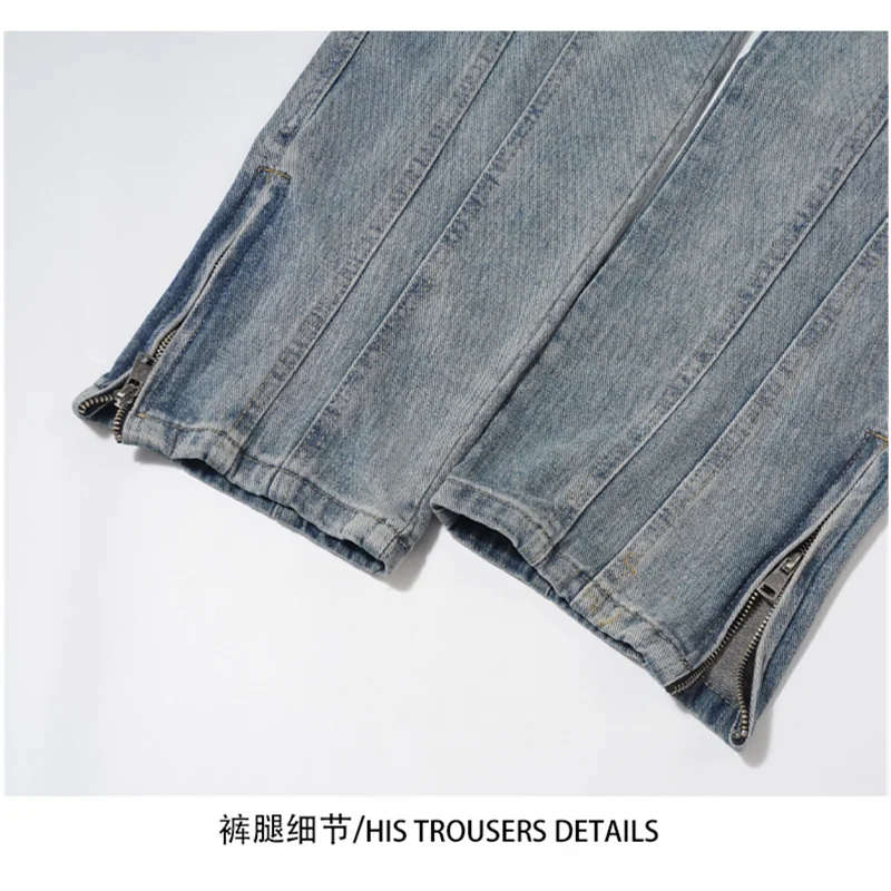 Streetwear Men High Street Stitching Loose Straight Jeans New Distressed Vintage Light Side Zipper Trousers Autumn and Winter
