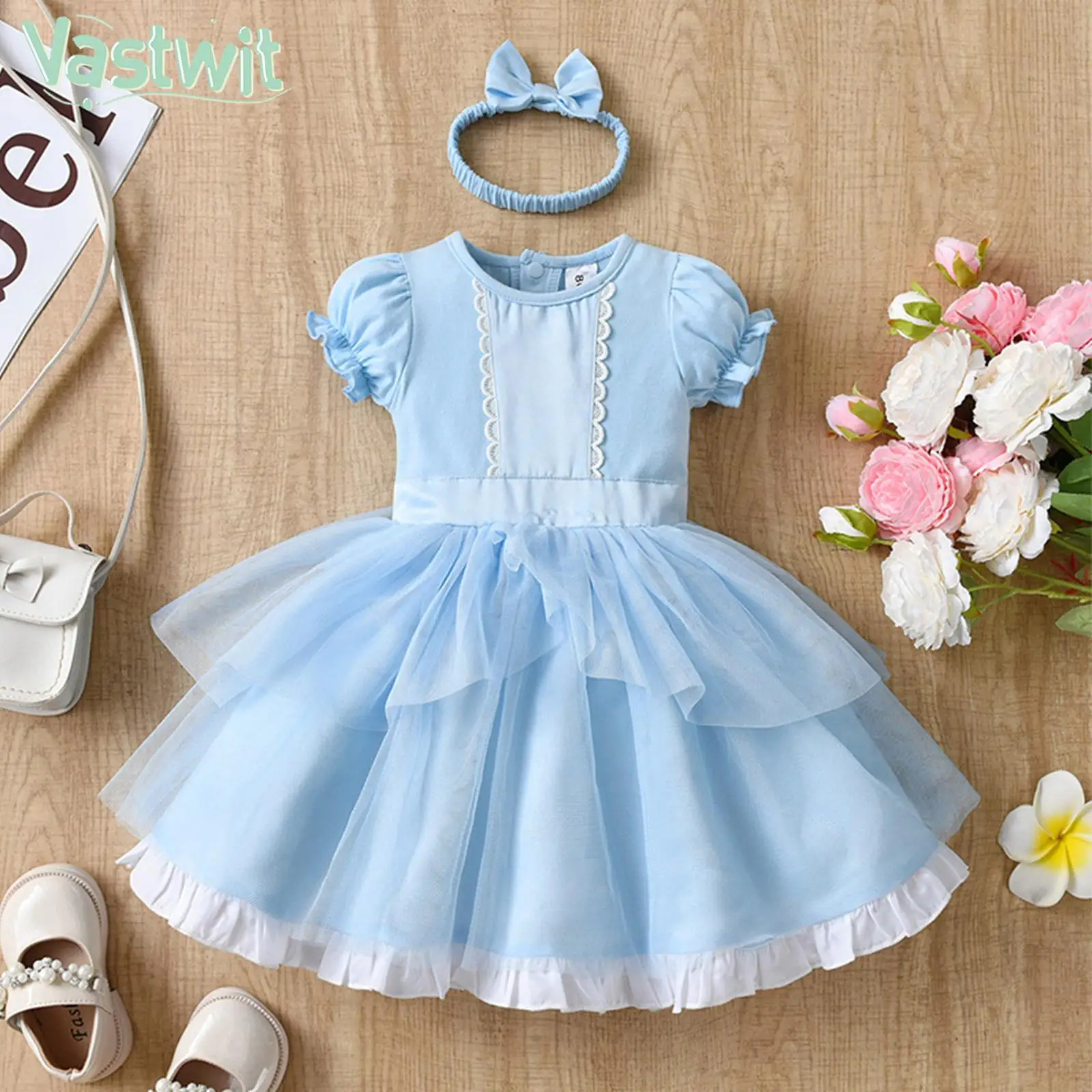 

Children Girls Cute Tutu Princess Party Dress Short Sleeve Ball Gown with Headband Baptism Birthday Halloween Cosplay Costume