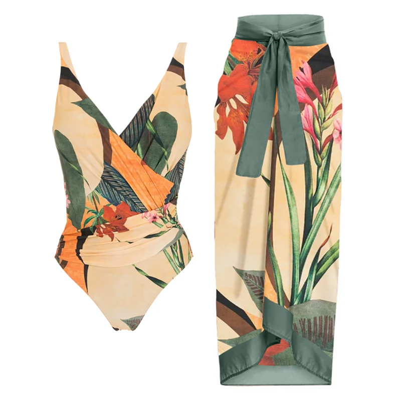 

2023 New Cross V-Neck Printed Bikini Set Sleeveless Pleated Skeleton Swimsuit High Waist Backless Chic Beachwear Push-ups