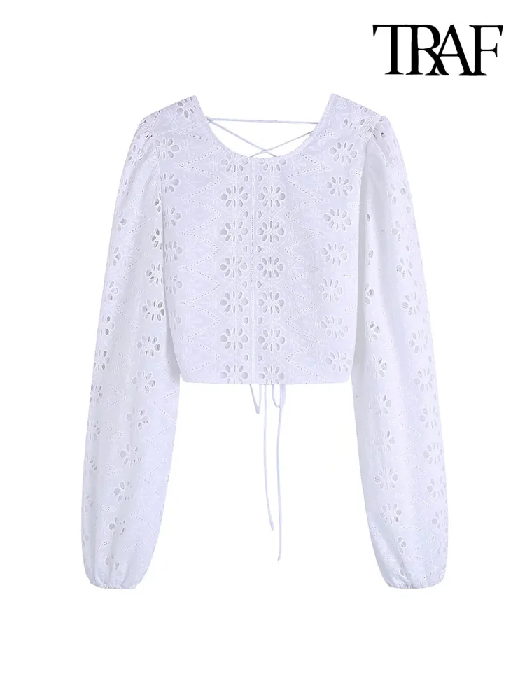 

TRAF Women Fashion With Ties Cutwork Embroidery Crop Blouses Vintage O Neck Long Sleeve Female Shirts Blusas Chic Tops
