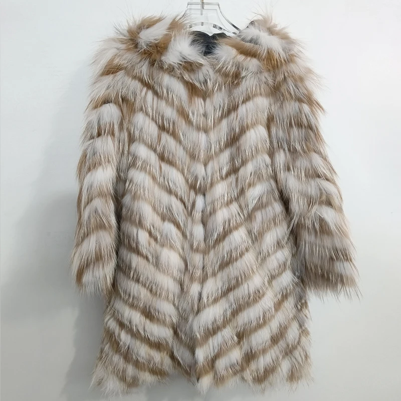 100% Real Silver Fox Fur Classic Coat Knitted Lining Coat Fashion Fur Jacket Stripe Style Clothing Autumn Winter Women's Top enlarge