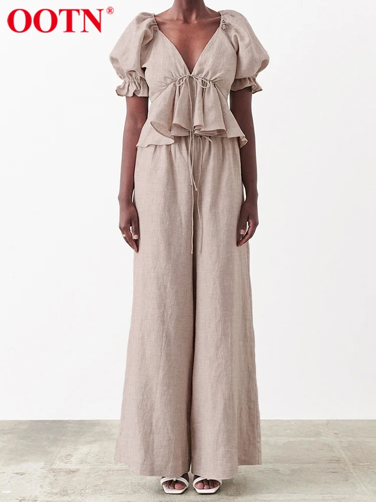 

OOTN хаки хлопковый льняной костюм с широкими штанинами летний Повседневный Женский комплект из 2 предметов 2022 модный топ с оборками свободны...