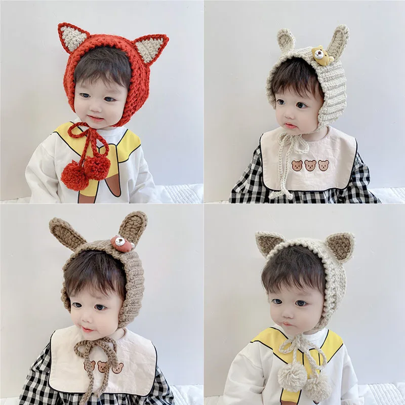 

Милая детская шапка с большими ушками, зимняя теплая вязаная шерстяная детская шапка с ушками, головной убор, шапка для мальчиков и девочек, ...