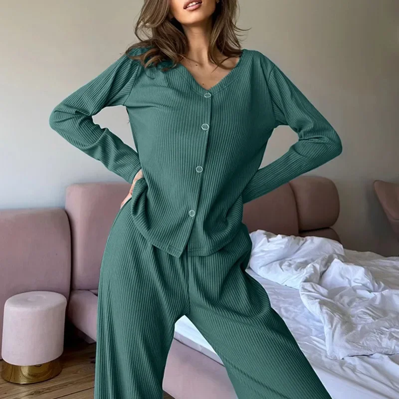 Осень 2024 новая Пижама Wonen's кардиган с длинными рукавами длинные брюки комплект
