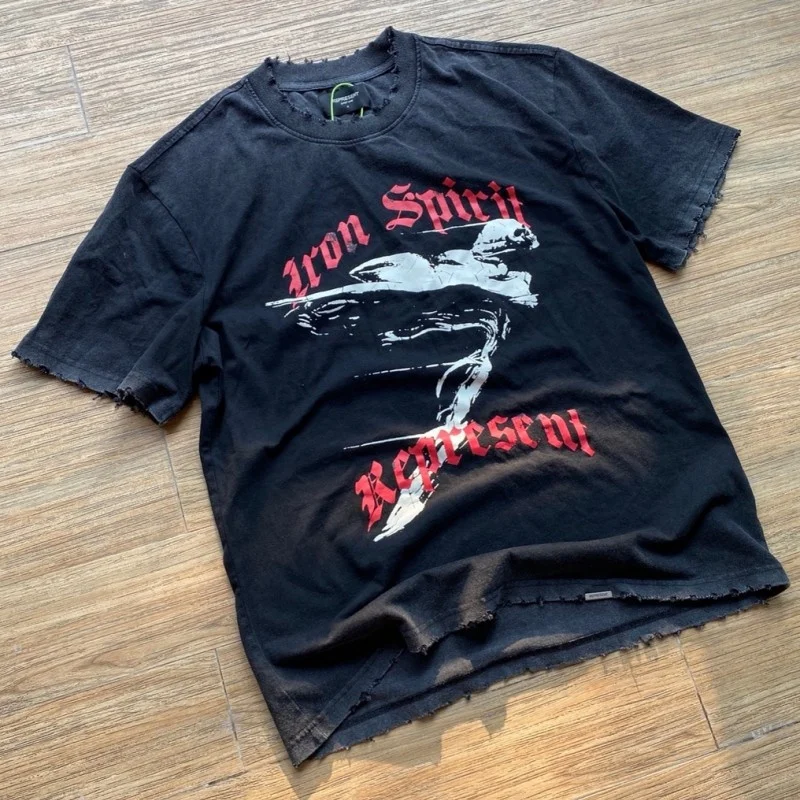 

Tee Vintage Represent Iron Spirit Tee Metal Angel Badge Graphic Represent T Shirt Short Sleeve Tops Men Women 1:1 Best Quality