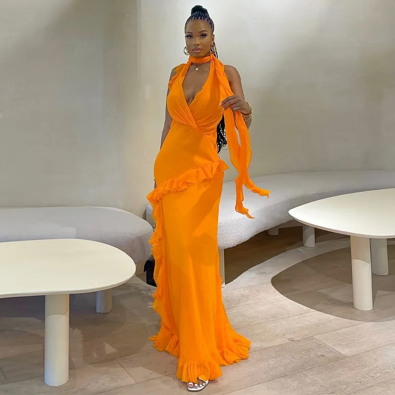 

Women Elegant Irregular Ruffles Slim Long Dress 2023 Summer Sexy V-neck Sleeveless Halter Maxi Dresses Beach Party Club Gowns