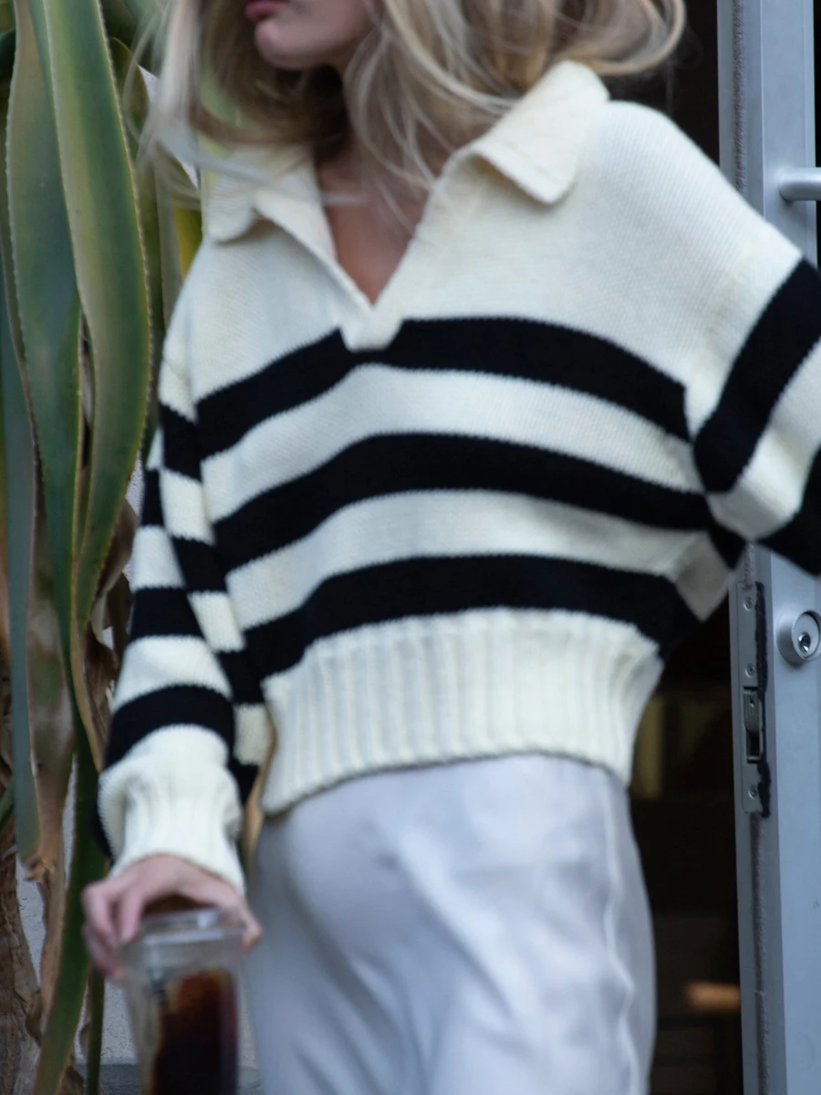 

Women Fall Stripe Sweater V Neck Long Sleeve Pullovers Turn-Down Collar Warm Jumpers Loose Knit Streetwear