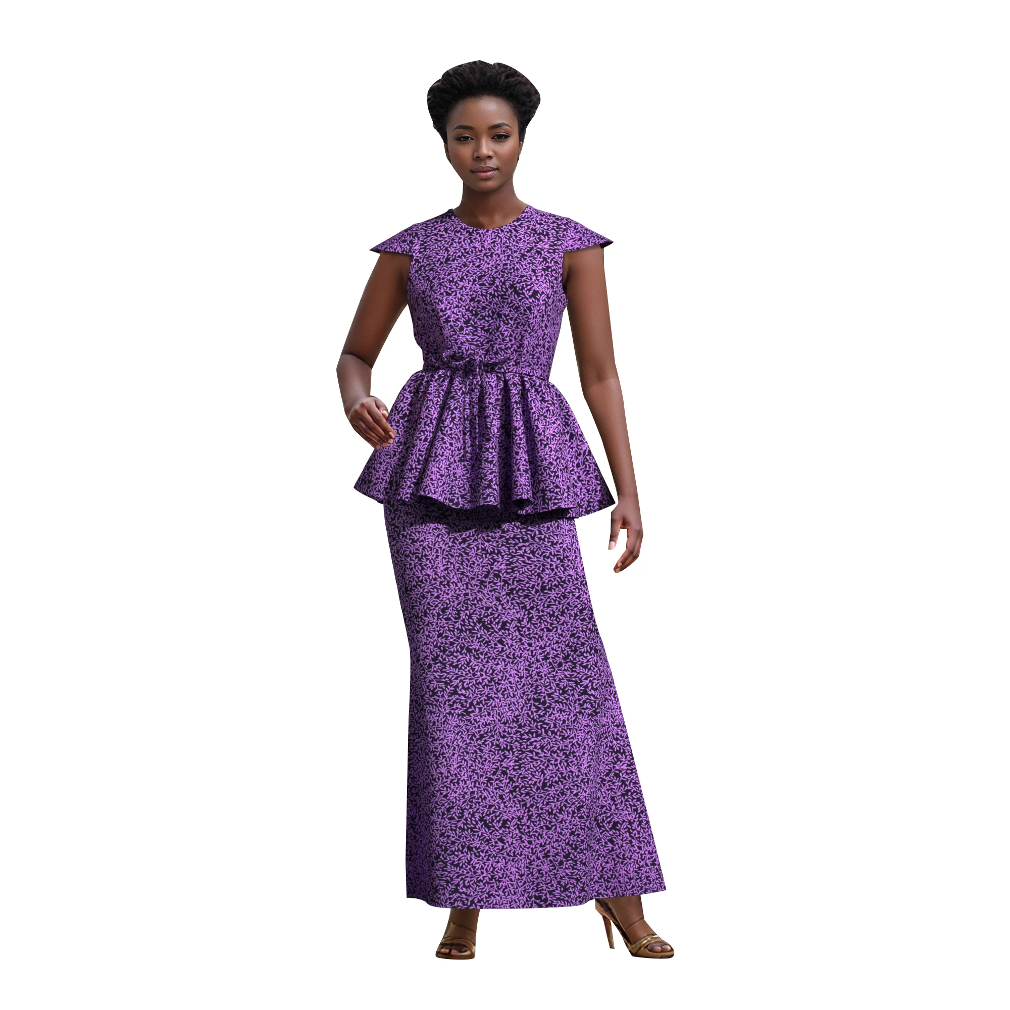 Фото Костюм BintaRealWax Kente Geometric Africa из двух предметов: топ с рукавами-крылышками и завязками на талии, пэплум-топ, макси-юбка, женский деловой костюм WY10558 №5