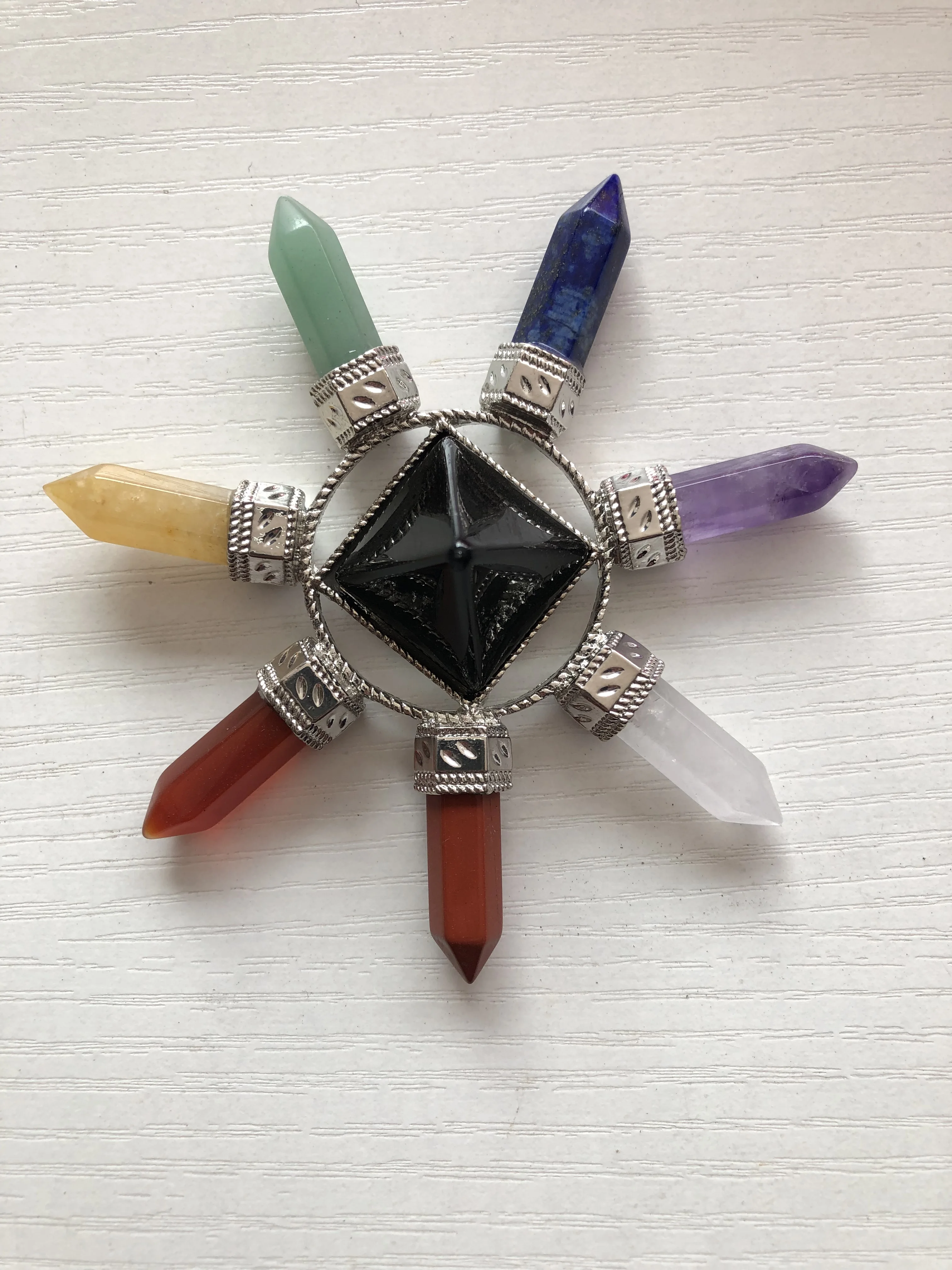 

Mercaba Natural Stone Pyramid Crafts Hexagonal Column Crystal Energy Combination Emitter Pendant