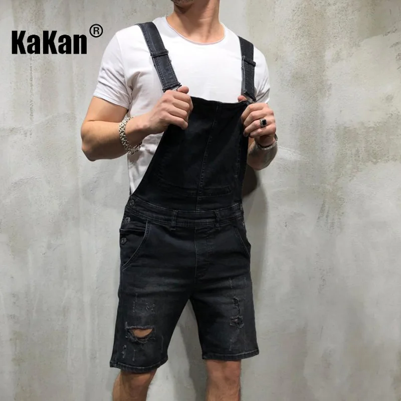 Kakan - European and American New Strap Denim Shorts for Men, Youth Popular Wear Out Black Strap Short Jumpsuit K34-329