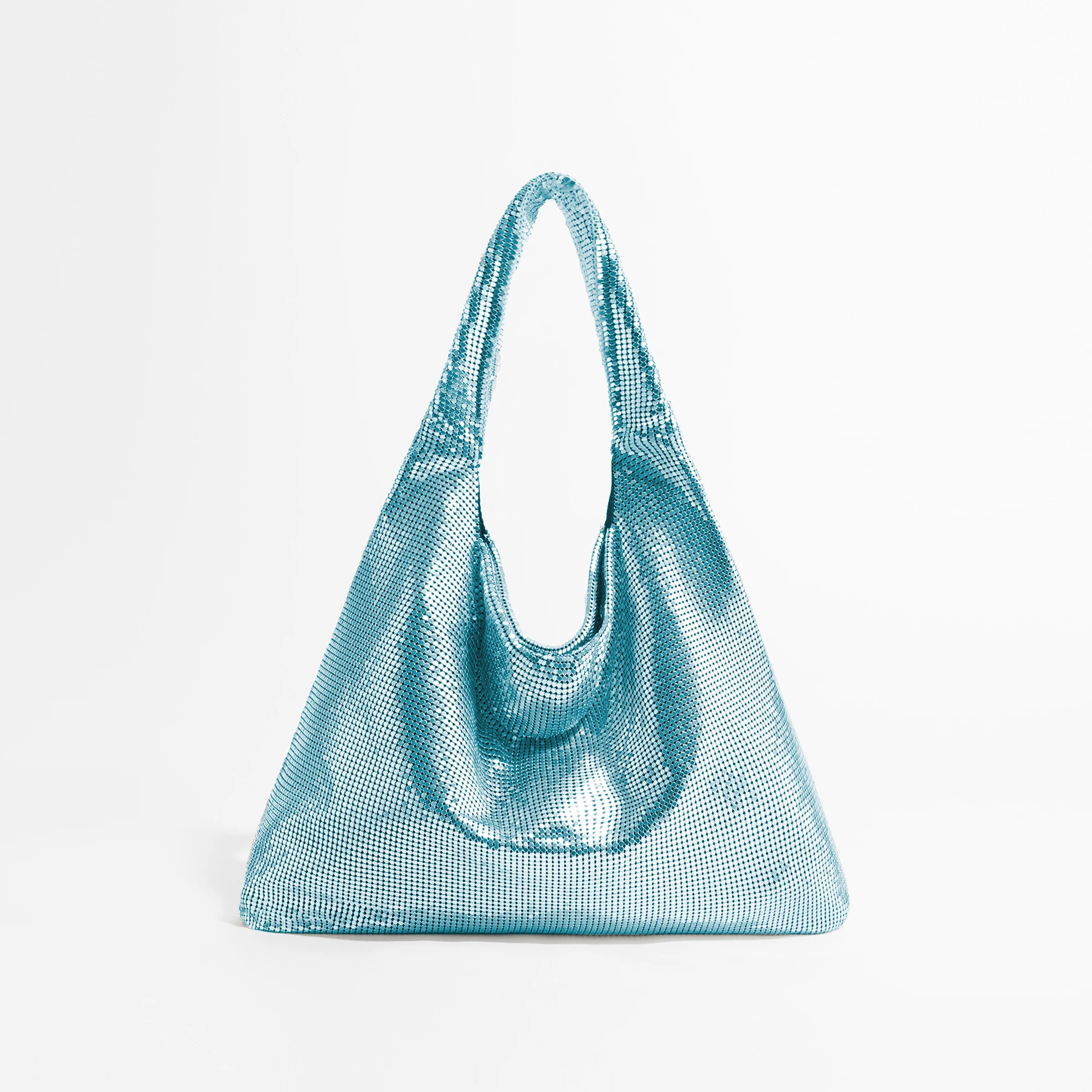 Fashion Metal Mesh Women Shoulder Bags Designer Silver Handbag Shinny Wide Strap Evening Bag Glitter Large Tote Party Purse 2023