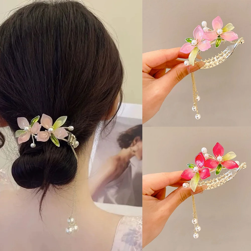 

Symphony Hair Bun New Peach Blossom Pearl Tassel Button Hair Clip For Women Ponytail Hairpin Claws Fashion Hair Accessories