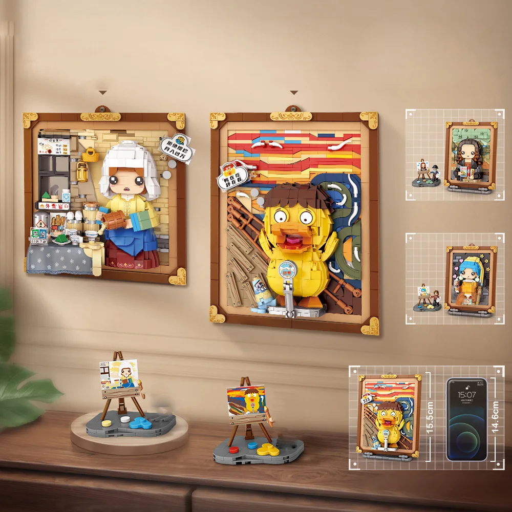 

Idea Artistic Creation 3d Cartoon Painting Scream Duck Milkmaid Mona Lisa Building Brick Mini Block Painter Figures Toy For Gift
