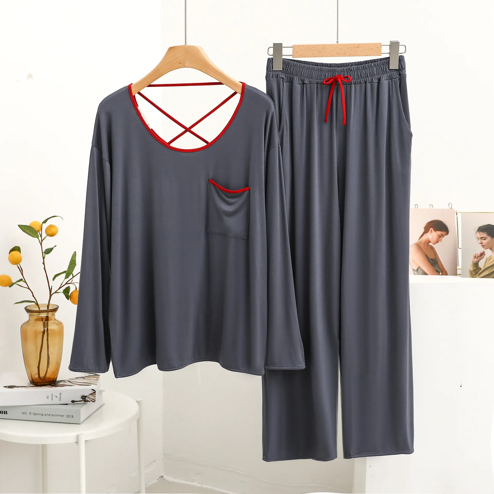 Spring Women Pajamas Set Modal Tracksuit Round Neck Beautiful Back Long Sleeve Pantsuits Red Hemming Loose Casual Outfit 2 Piece