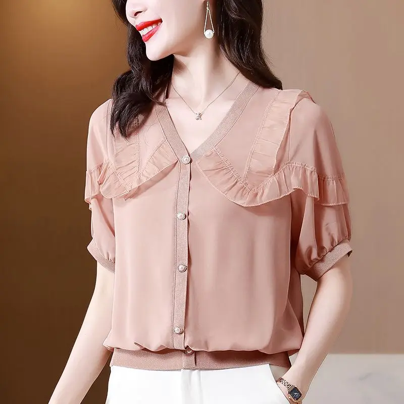 

2023 New Summer Fashion Trend Commuter Casual French Sweet V-neck Panel Ruffle Edge Loose Covering Belly Slim Women's Shirt