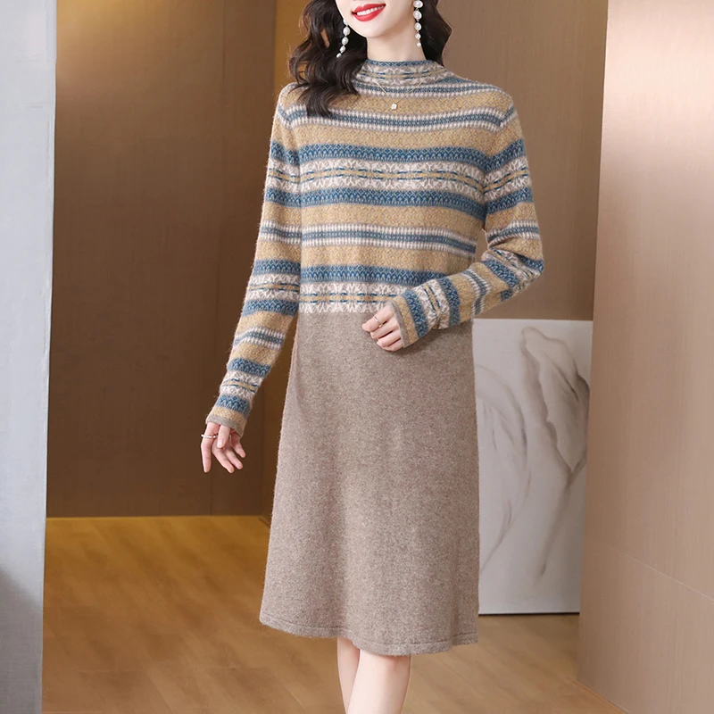 2022 Autumn Women Dress Warm Knitting Sweater Half High Collar Pullover Plaid Striped Patchwork Oversize Slim Female Vestidos