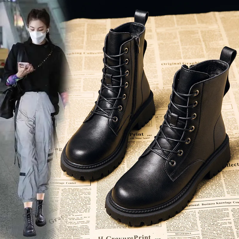 short Boots Female British Style 2021 New All-match Autumn and Winter Plus Velvet Thick-soled Inner Heightening Short Boots
