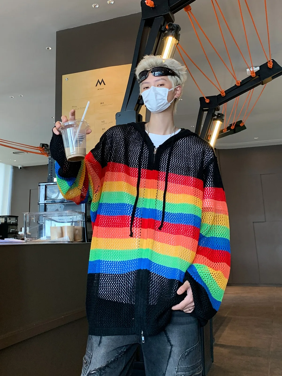 Spring and Autumn American Contrast Color Hollow out Hood Knitted Outerwear Men's Cleanfit Fashion Brand Couple Loose Cardiga... |