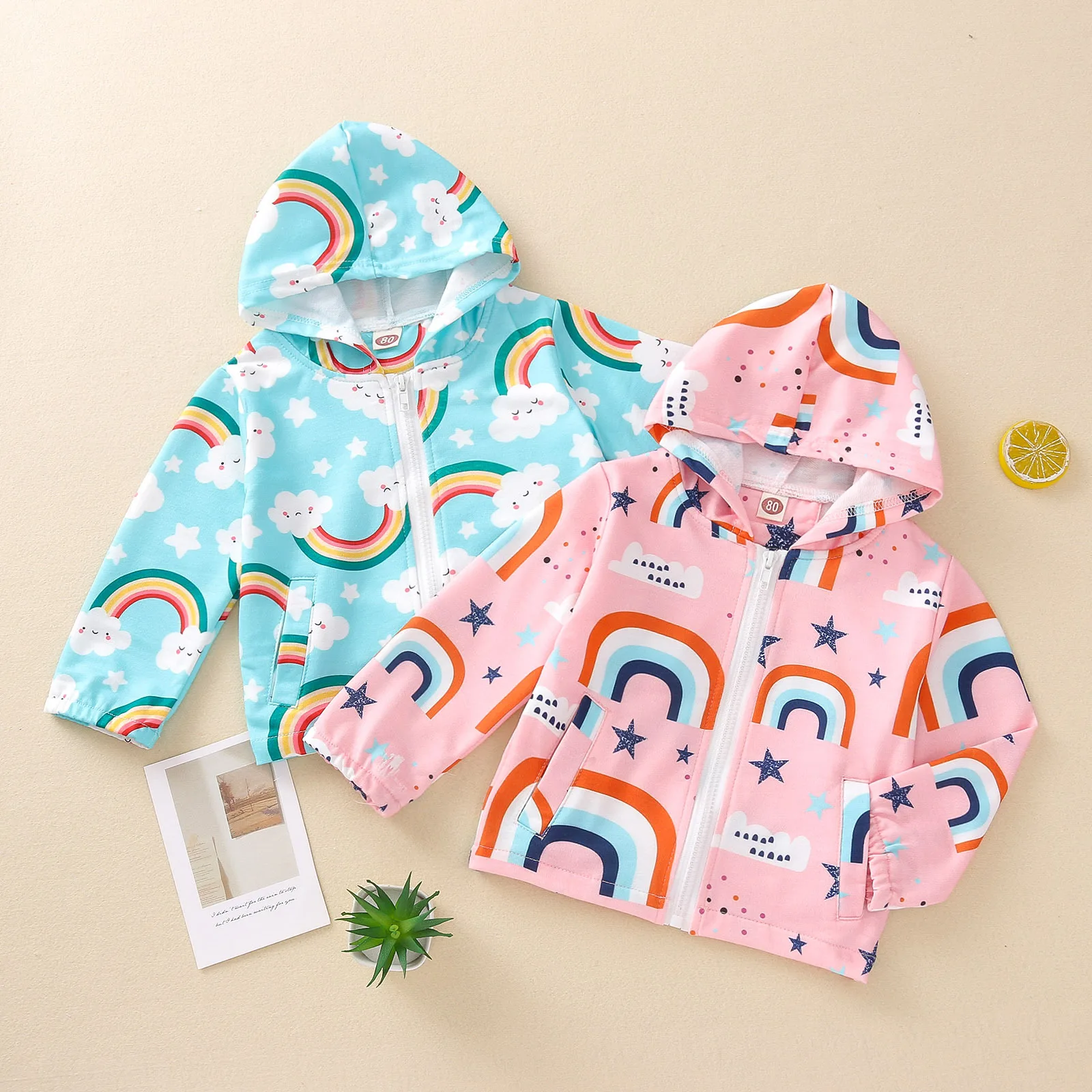 

2023 Spring Autumn Baby Girls Coat Rainbow Printed Zipper Hooded Cotton Toddler Girls Jacket Windbreak Children Girls Overcoat