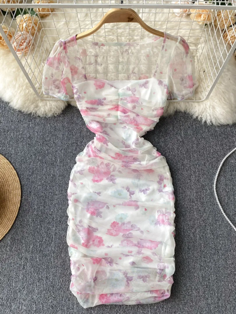 

Foamlina Summer Women's Dress Sweet Pink Floral Print Mini Bodycon Dress Sexy See Through Mesh Short Sleeve Folded Party Dress