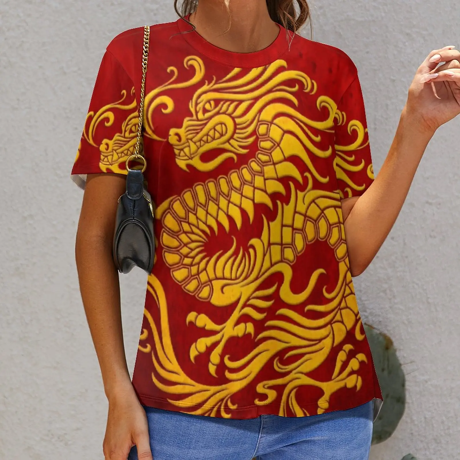 

Traditional Yellow And Red Chinese Dragon Hot Sale Tshirt top Quality Leisure Eur Size