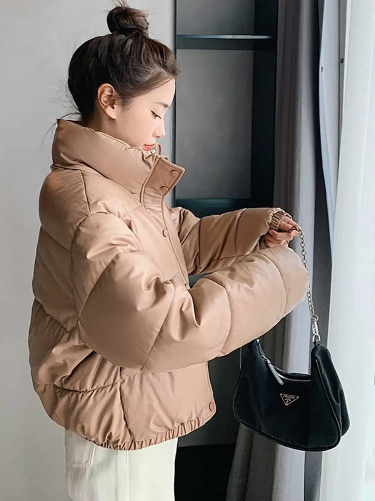 Pu Leather High Quality Warm Thicken Women Winter Coat Stand Collar Fashion Breasted Single Button Female Parka Coat Puff