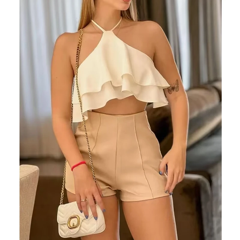 

Women Sleeveless Sexy Camis Tanks Tops High Waist Shorts Pants Summer Ruffle Hem Halter Crop Top & Shorts Set