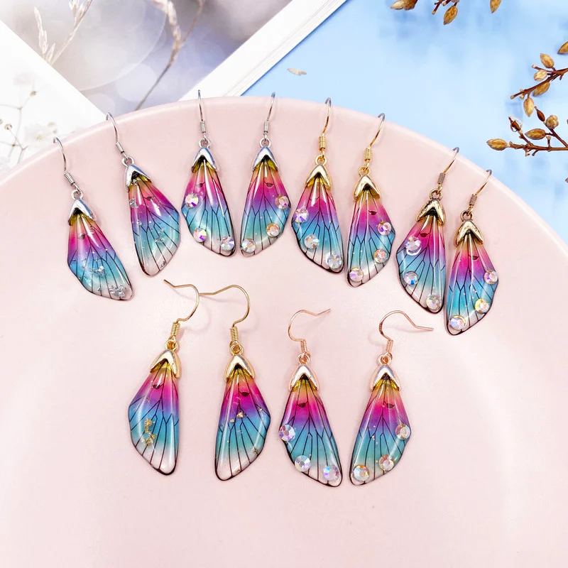 

Minar Fantasy Rainbow Gradient Resin Butterfly Drop Earrings for Women Rhinestone Foil Simulation Cicada Wing Dangle Earrings