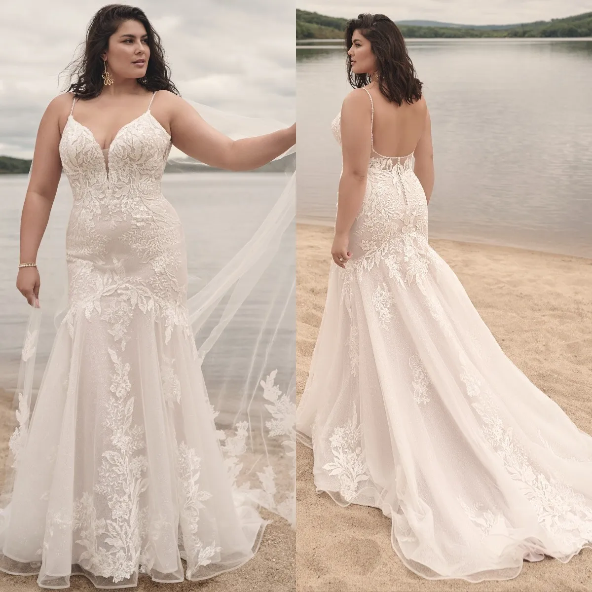 

Beach Mermaid Wedding Dresses Glitter Sequins Lace Appliqued Bridal Gowns Sexy V Neck Sleeveless Ruched Robes de Mariee