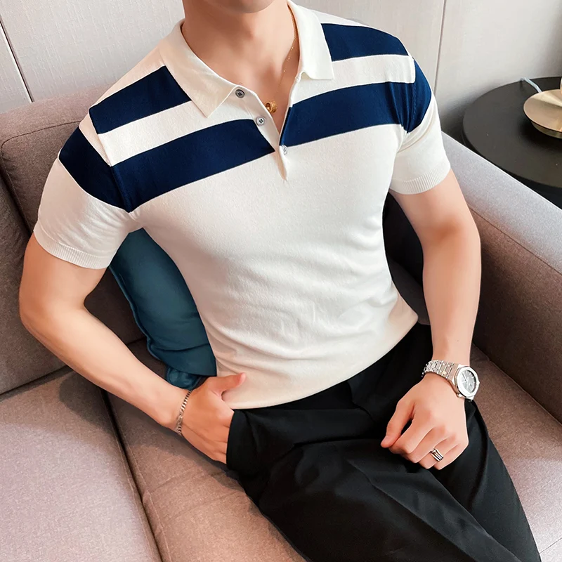 

2022 Fashion Business Male Turn-Down Shirts Summer Striped Slim Tops Pullover Men Casual Button Design Short Sleeve Polo Shirts