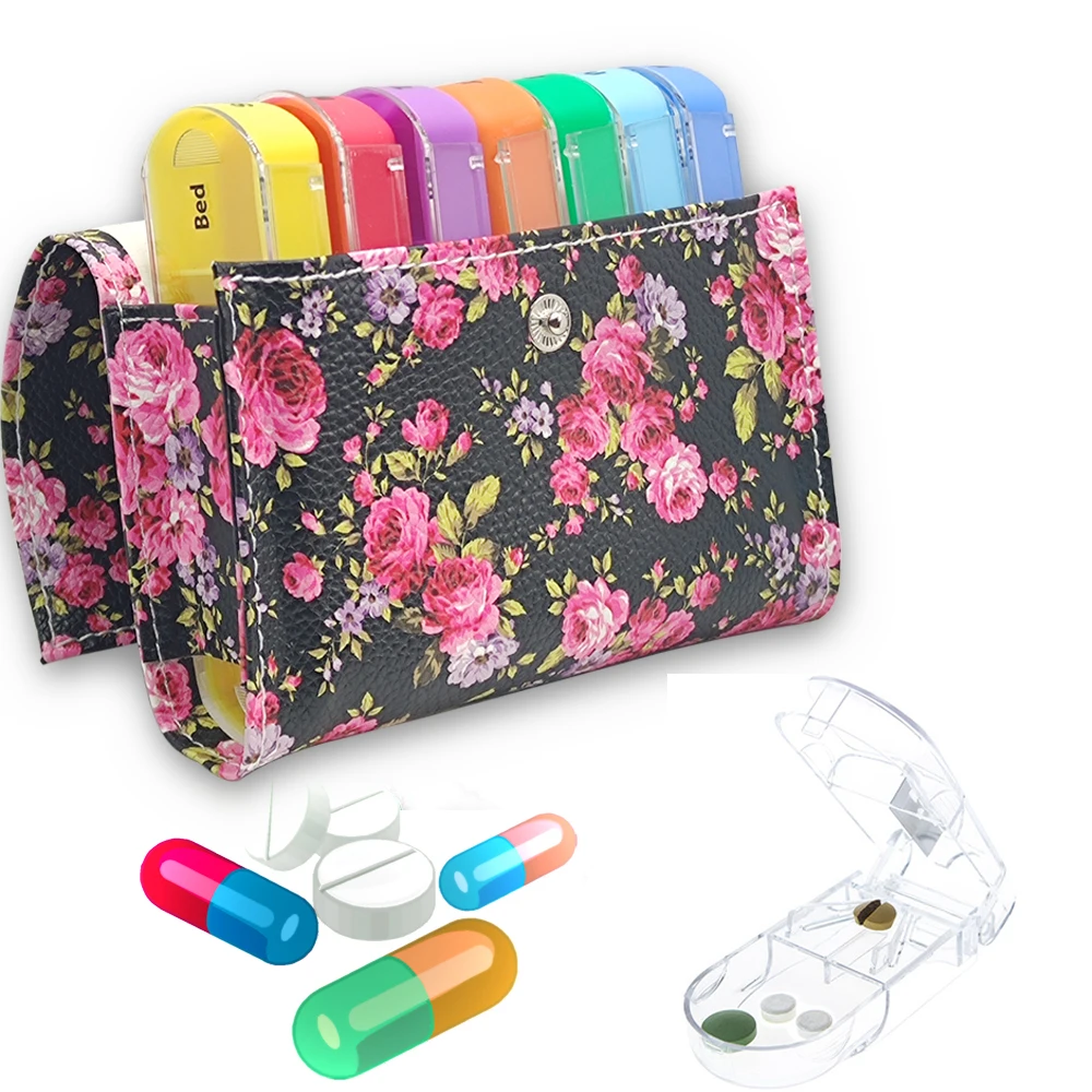 7 Days Weekly Purse Pills Box with Rose Pattern Medicine Splitter  Holder Organizer Plastic Waterproof Portable Container Case