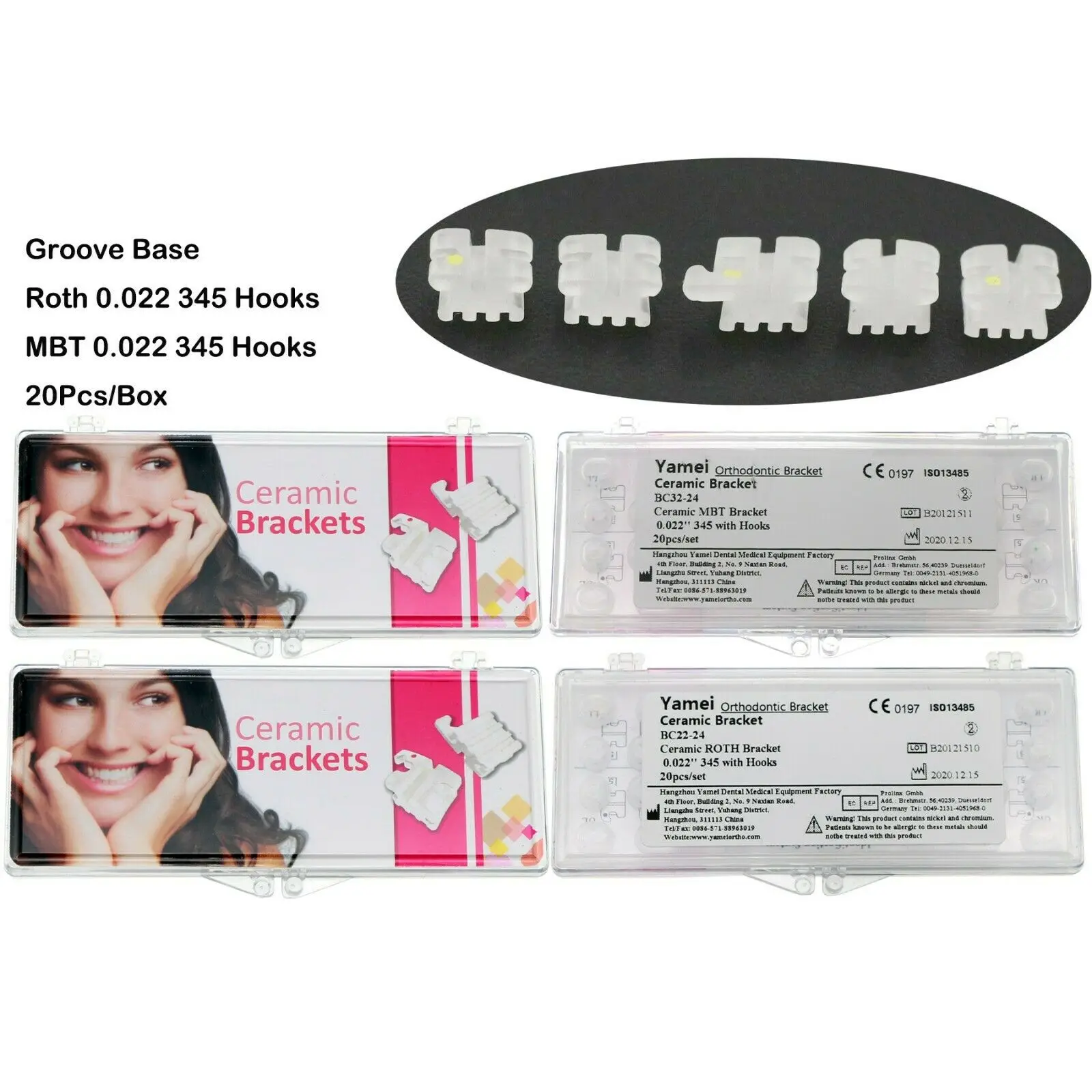 YAMEI Dental Orthodontic Ceramic Brackets Braces Mini Roth/MBT 022 Slot 3 4 5 Hooks
