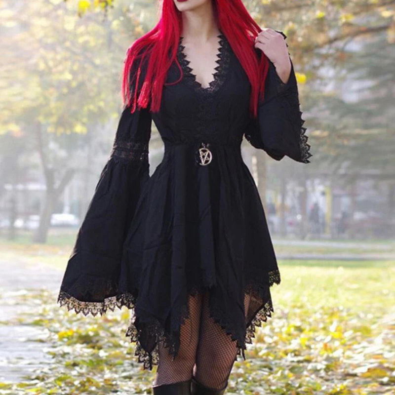 

Goth Dark Mall Gothic Aesthetic Women Aline Dresses Grunge Black Lace Patchwork Irregular Hem Dress Punk Flare Sleeve Streetwear