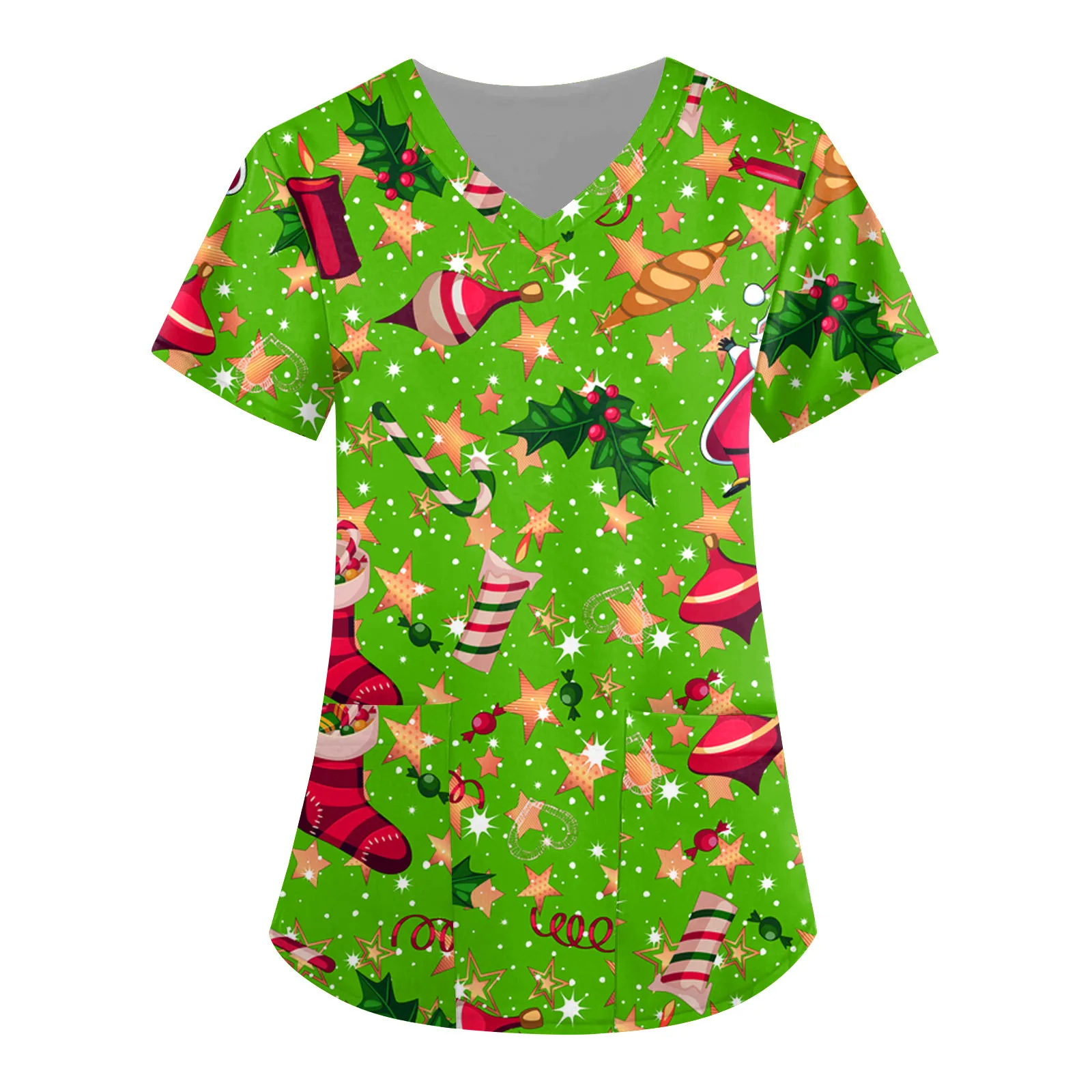 

Short Sleeve V-neck Pocket Christmas Santa Claus Tops Xmas Scrubs Uniforms Nursing Scrubs T-shirt Plus Size Women Clothing S-5xl