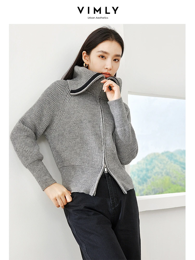 

Vimly Grey Sailor Collar Knitted Sweater Coat Zipper Long Sleeve Knit Cardigans 2023 Autumn Winter New Thick Warm Knitwear 16279