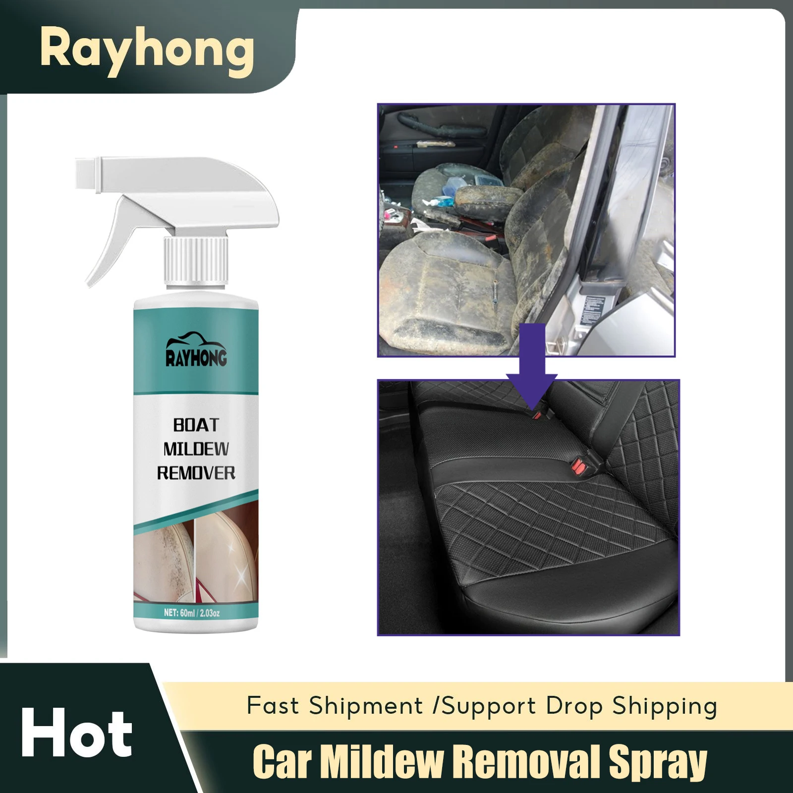 

Car Interior Cleaning Liquid Mildew Remover Deep Decontamination Car Upholstery Leather Seats Foot Mats Maintenance Spray 60ml