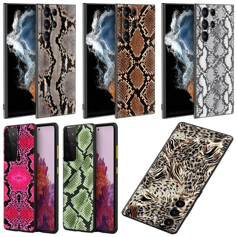 Leopard Print Snake Skin Phone Case For Samsung Galaxy S22 S21 Ultra S20 FE S10 Lite S10E S8 S9 Plus S7 Edge Black Soft Cover