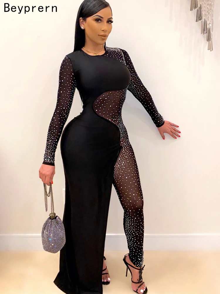 Красивый комбинезон Beyprern с кристаллами (черный) блестящий облегающий сетчатый