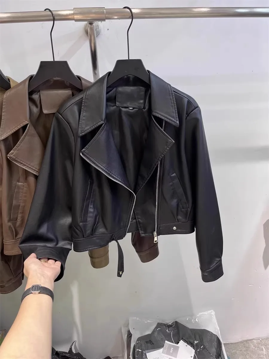 Черное короткое кожаное пальто Верхняя одежда Женская весна и осень Новая