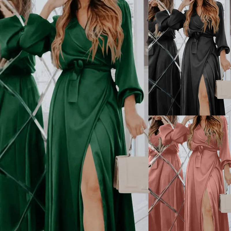 

Autumn Women's Fashion Elegant V-Neck Lace up Slim Slim Split Dress
