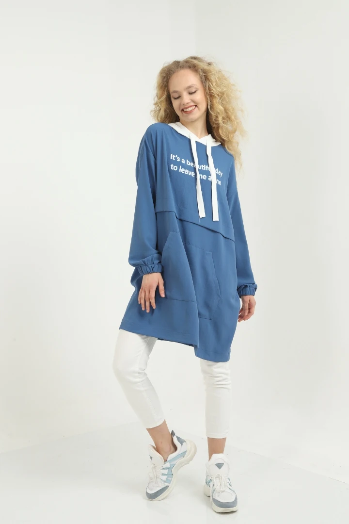 

Saks Blue Hooded Kangaroo Pocket Oversize Tunic new season modern sports cutout women's top clothing