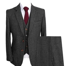 Mens Herringbone Suits 3 Piece Groom Wool  Formal Work Business Tailormade Tuxedos Blazer & Pants & 